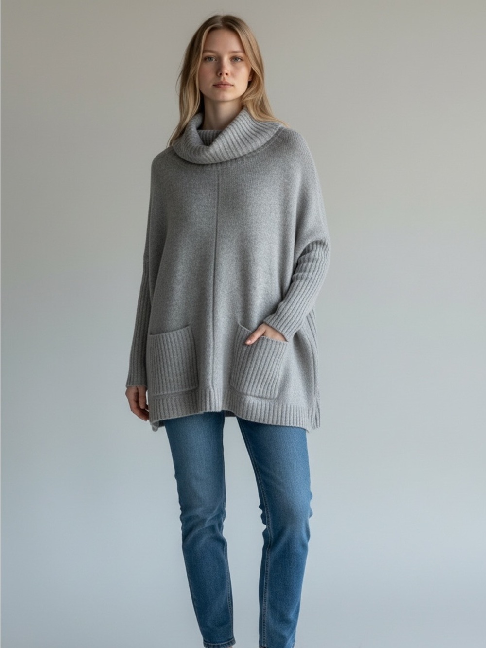New In Turtleneck Sweater Womens Small Gray Like New Pocket Knit Relaxed Fit